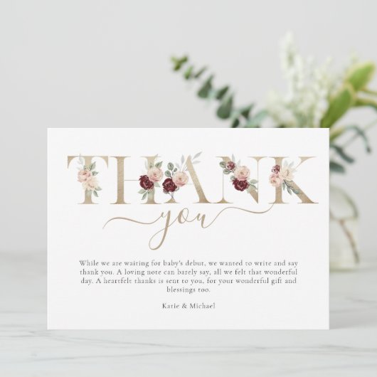 Modern Gold Pink Floral Baby shower Hartelijk dank Bedankkaart (Staand voorkant)