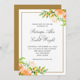Modern Gold Pink Oranje White Floral Wedding Kaart