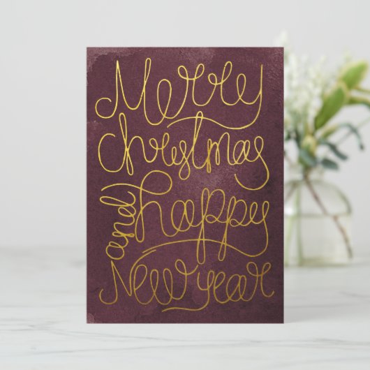 Modern Gold Plum Script Merry Kerstmis Nieuwjaar (Staand voorkant)