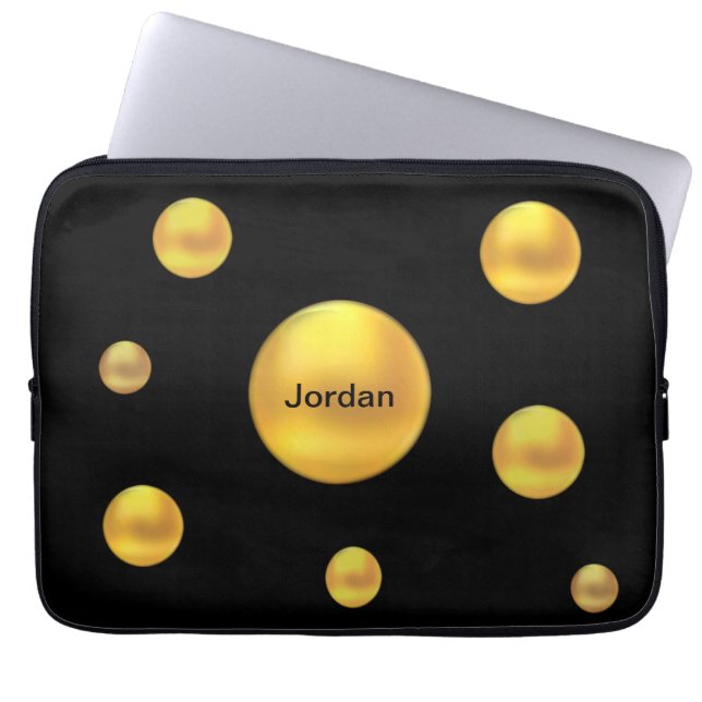 Modern Gold Polka Dots on Black Laptop Sleeve (Voorkant)