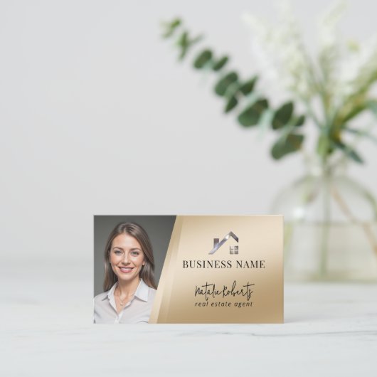 Modern Gold Real Estate Custom Logo Realtor Photo Visitekaartje (Staand voorkant)