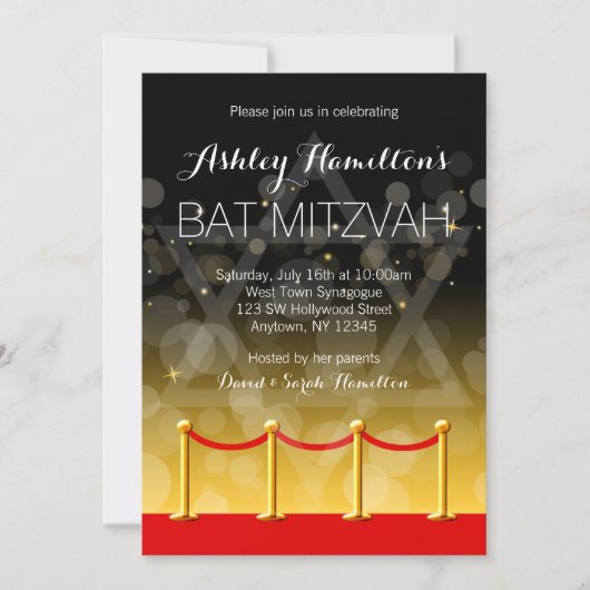 Modern Gold Red Carpet Hollywood Bat Mitzvah Kaart (Voorkant)
