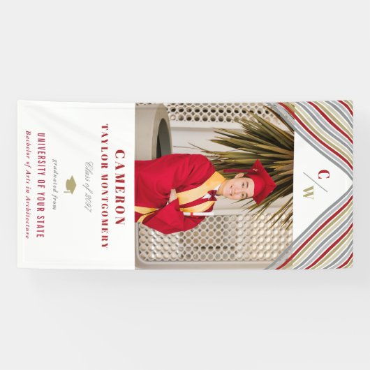 Modern Gold Red Diagonal Stripes Photo Afstuderen Spandoek (Horizontaal)