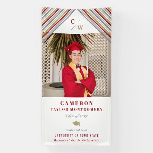 Modern Gold Red Diagonal Stripes Photo Afstuderen Spandoek (Verticaal)