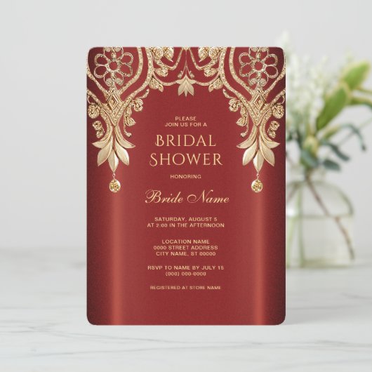 Modern Gold Red Floral Bridal Shower Invitation Kaart (Staand voorkant)