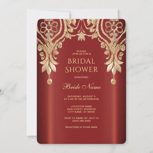 Modern Gold Red Floral Bridal Shower Invitation Kaart (Voorkant)