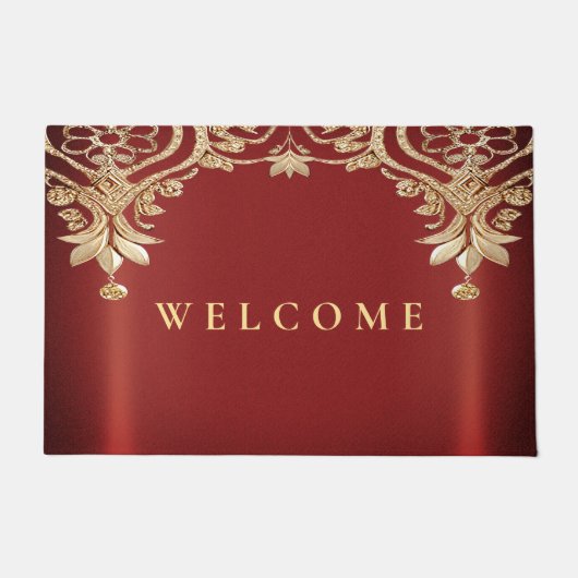 Modern Gold Red Floral Doormat Deurmat (Voorkant)
