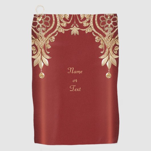 Modern Gold Red Floral Golf Towel Golfhanddoek (Voorkant)