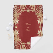 Modern Gold Red Floral Golf Towel Golfhanddoek (Insitu)