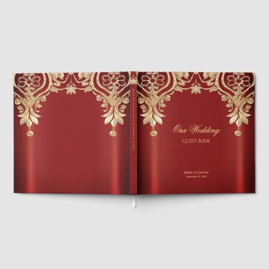 Modern Gold Red Floral Guest Book Gastenboek (Volledig)