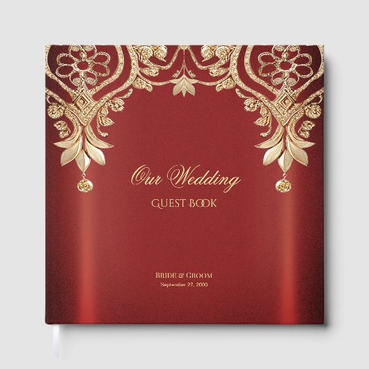 Modern Gold Red Floral Guest Book Gastenboek (Voorkant)