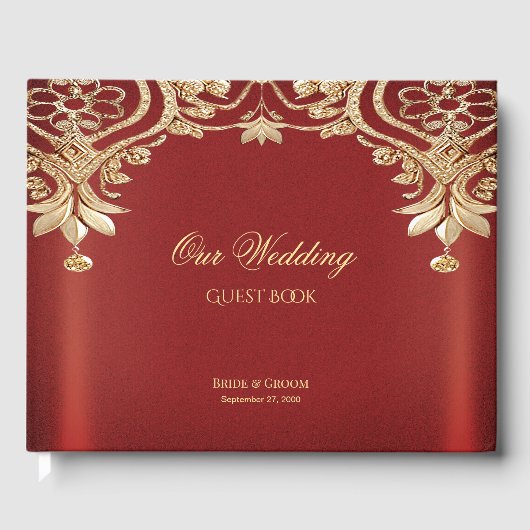 Modern Gold Red Floral Guest Book Gastenboek (Voorkant)