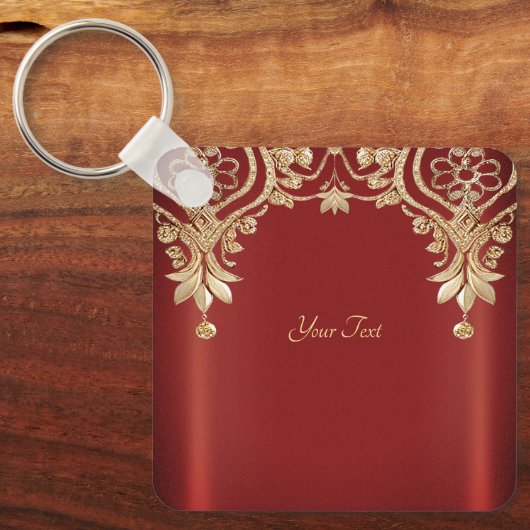 Modern Gold Red Floral Keychain (Voorkant)