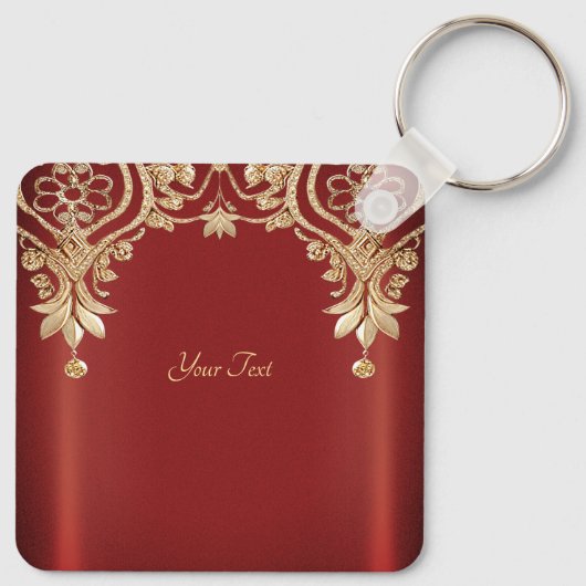 Modern Gold Red Floral Keychain (Achterkant)