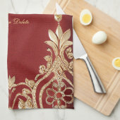 Modern Gold Red Floral Kitchen Towels Theedoek (Quarter Fold)