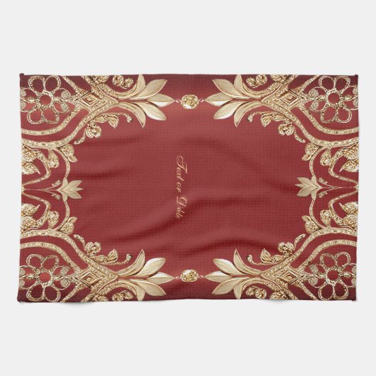 Modern Gold Red Floral Kitchen Towels Theedoek (Horizontaal)