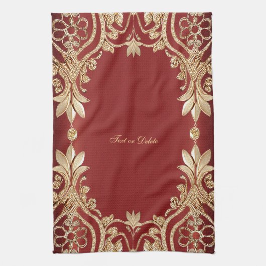 Modern Gold Red Floral Kitchen Towels Theedoek (Verticaal)
