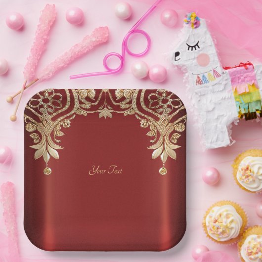 Modern Gold Red Floral Paper Plate Papieren Bordje (Feest)