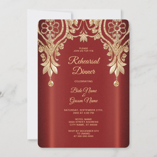 Modern Gold Red Floral Rehearsal Dinner Kaart (Voorkant)