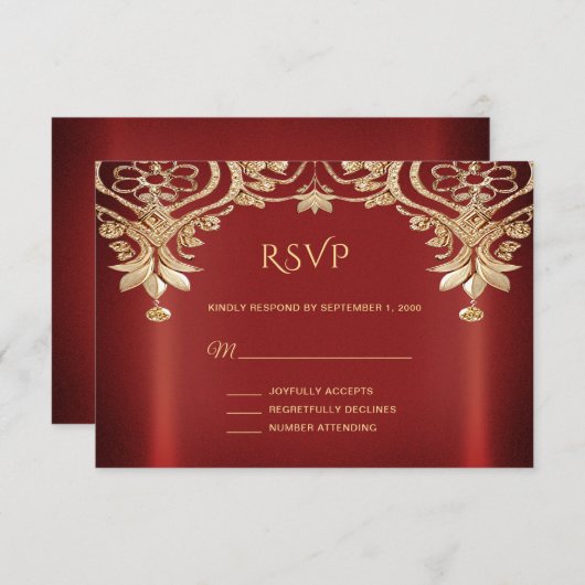 Modern Gold Red Floral RSVP Card (Voorkant / Achterkant)