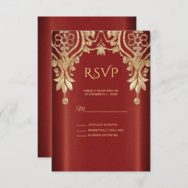 Modern Gold Red Floral RSVP Card