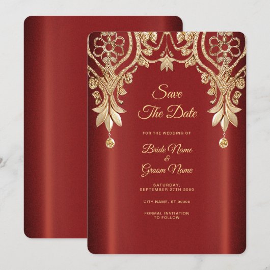 Modern Gold Red Floral Save The Date (Voorkant / Achterkant)