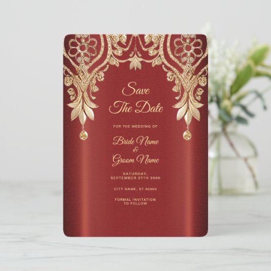 Modern Gold Red Floral Save The Date (Staand voorkant)