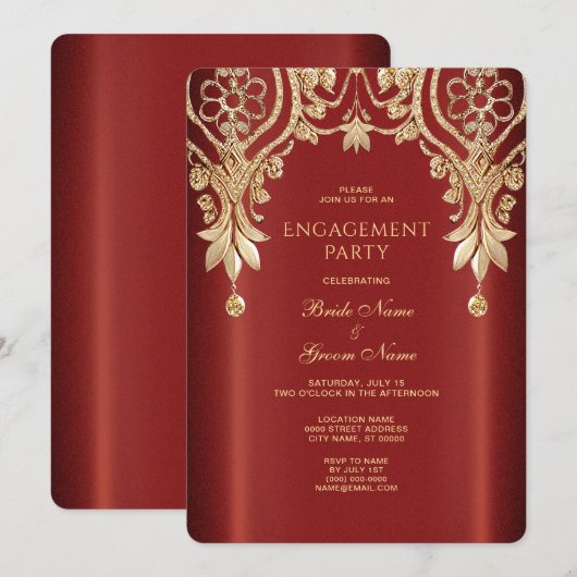 Modern Gold Red Floral Verloving Invitation Kaart (Voorkant / Achterkant)