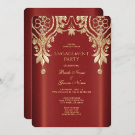 Modern Gold Red Floral Verloving Invitation Kaart