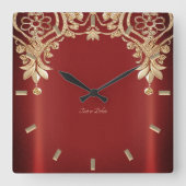 Modern Gold Red Floral Wall Clock Vierkante Klok (Voorkant)