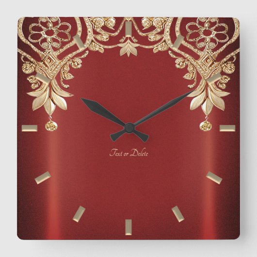 Modern Gold Red Floral Wall Clock Vierkante Klok (Voorkant)