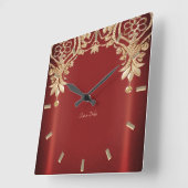 Modern Gold Red Floral Wall Clock Vierkante Klok (Hoek)