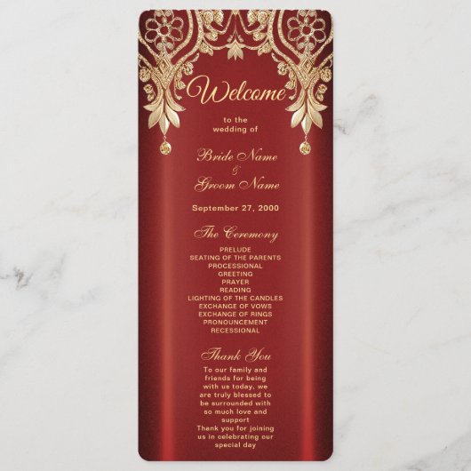 Modern Gold Red Floral Wedding Program Programmakaart (Voorkant)