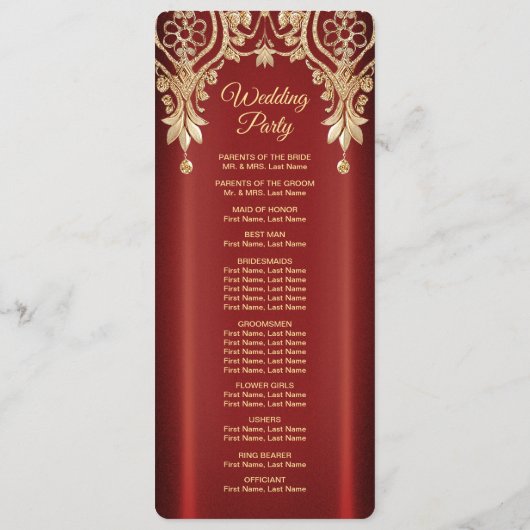 Modern Gold Red Floral Wedding Program Programmakaart (Achterkant)
