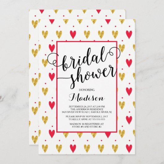 Modern Gold Red Hearts Bridal Shower Kaart (Voorkant / Achterkant)