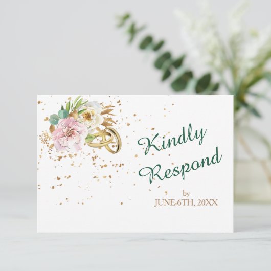 Modern Gold Rings Wild Roos Wedding RSVP Kaartje (Staand voorkant)