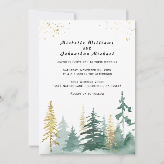 Modern Gold Sage Green Pine Trees Forest Wedding Kaart (Voorkant)