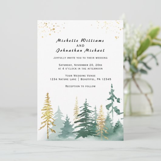 Modern Gold Sage Green Pine Trees Forest Wedding Kaart (Staand voorkant)