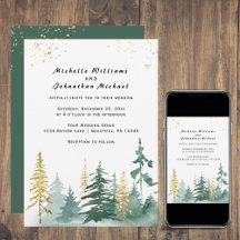 Modern Gold Sage Green Pine Trees Forest Wedding