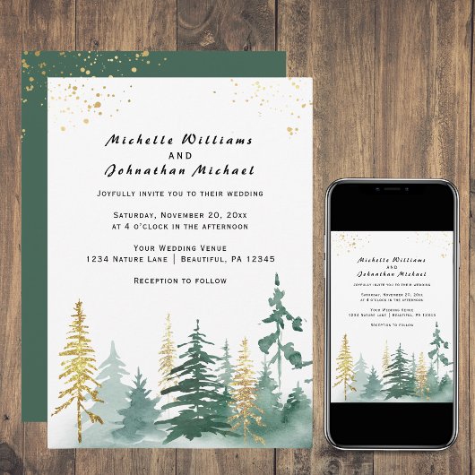 Modern Gold Sage Green Pine Trees Forest Wedding Kaart