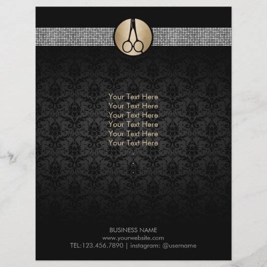 Modern Gold Scissor Logo Damask Hair Stylist Flyer (Voorkant)