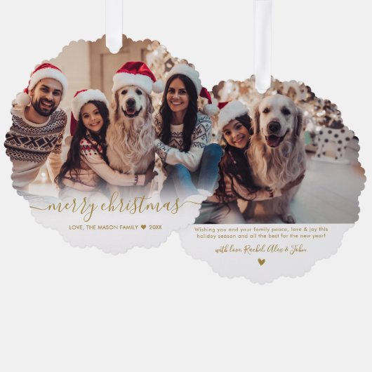 Modern Gold Script 2 Familiefoto Kerstmis Ornament Kaart (Voorkant / Achterkant)