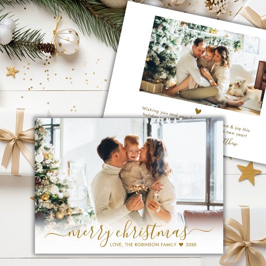 Modern Gold Script 2 Foto Wit Vrolijk Kerstfeest Feestdagenkaart