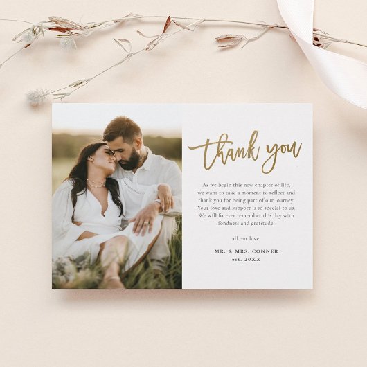 Modern Gold Script 2 Photo Wedding Bedankkaart