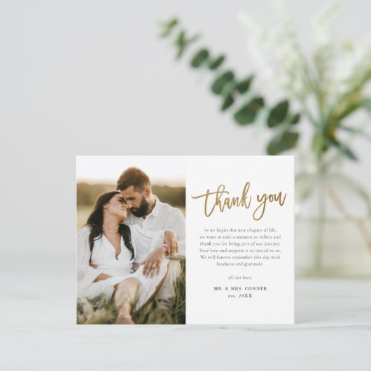 Modern Gold Script 2 Photo Wedding Bedankkaart (Staand voorkant)