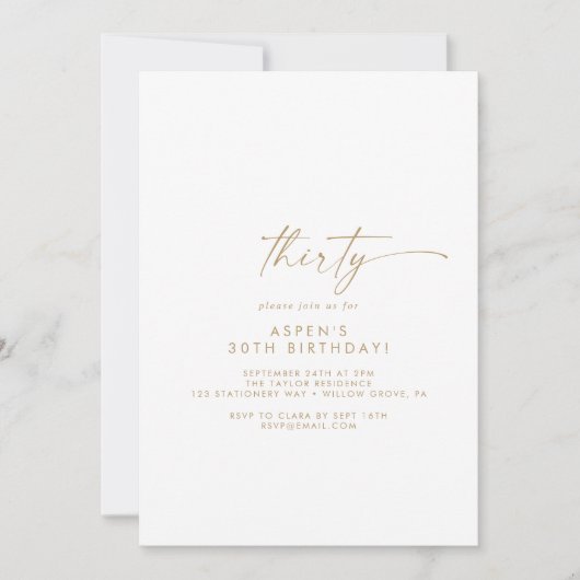 Modern Gold Script 30th Birthday Party Invitation Kaart (Voorkant)