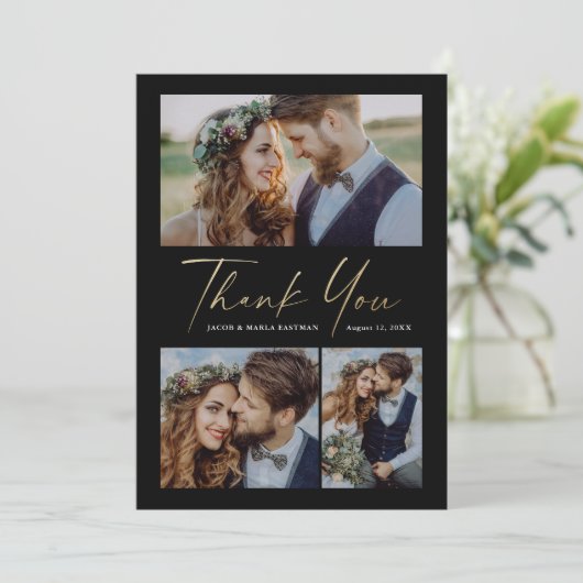 Modern Gold Script 3 Fotobruiloft Bedankkaart (Staand voorkant)