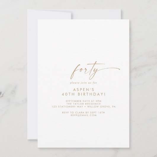 Modern Gold Script 40th Birthday Party Invitation Kaart (Voorkant)