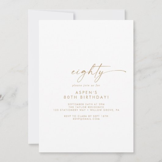 Modern Gold Script 80th Birthday Party Invitation Kaart (Voorkant)