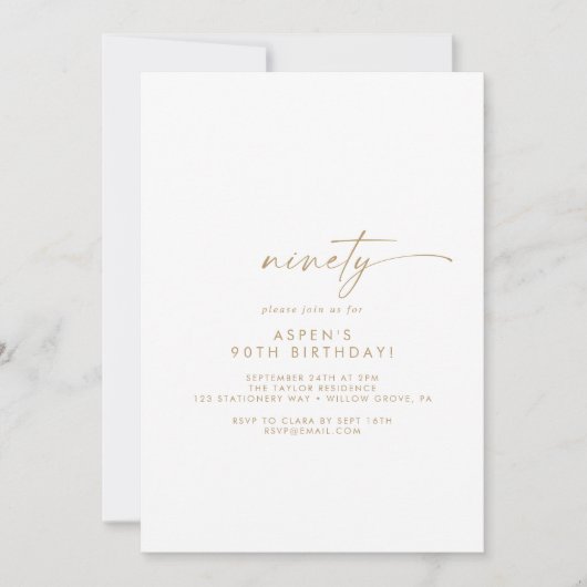 Modern Gold Script 90th Birthday Party Invitation Kaart (Voorkant)